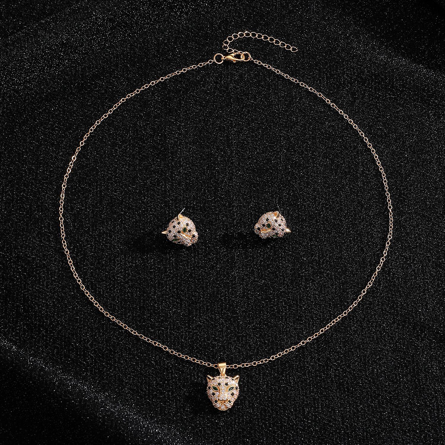 Hip Hop Leopard Head Pendant Earring Necklace Set - Cold Set | Jewelry Fitness Skincare