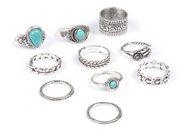 Turquoise 10 Piece Set Joint Combination Ring - | Jewelry Fitness Skincare