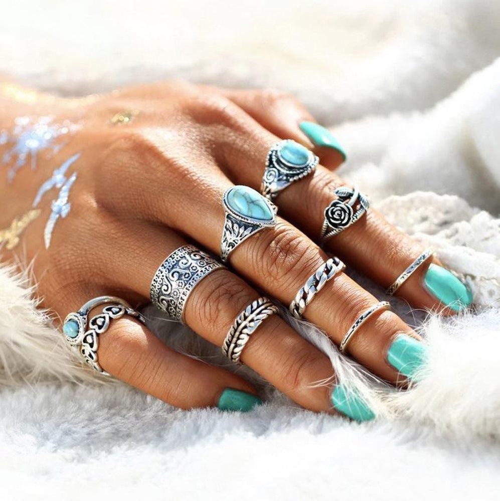 Turquoise 10 Piece Set Joint Combination Ring - | Jewelry Fitness Skincare