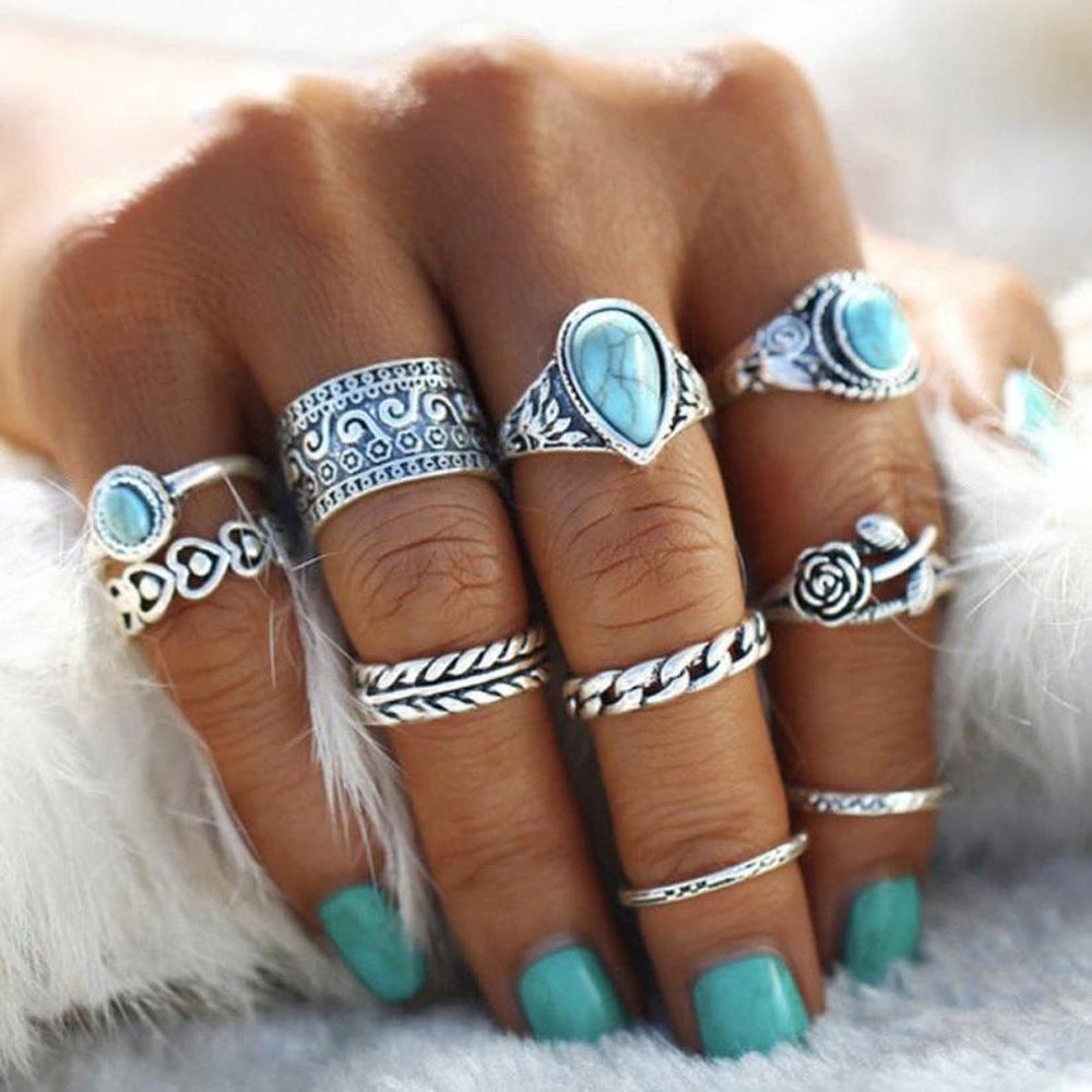Turquoise 10 Piece Set Joint Combination Ring - | Jewelry Fitness Skincare