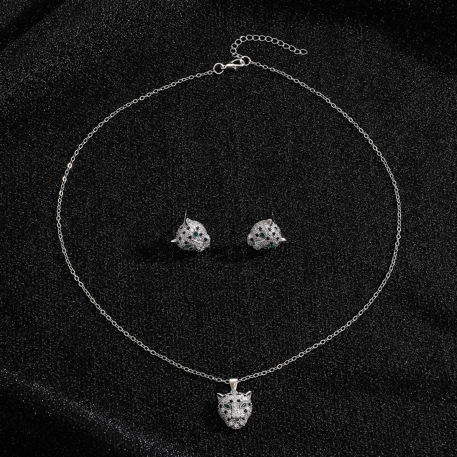 Hip Hop Leopard Head Pendant Earring Necklace Set - Silver Set | Jewelry Fitness Skincare