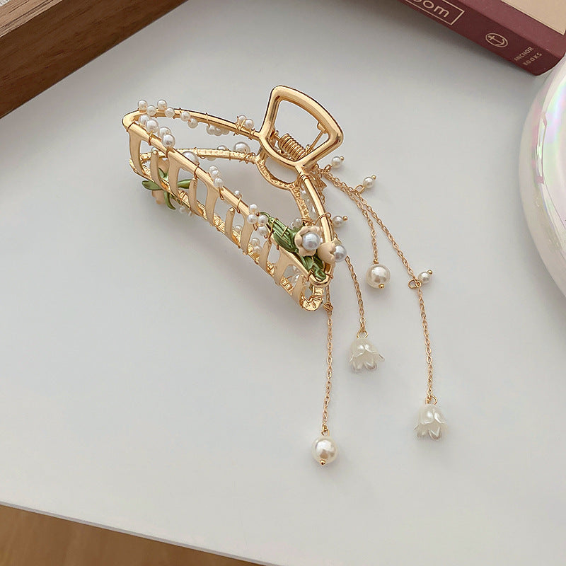 Diamond-encrusted Pearl Wheat-spike Lily-of-the-valley Tassel Hair Clip - 8 Golden Semicircles | Jewelry Fitness Skincare