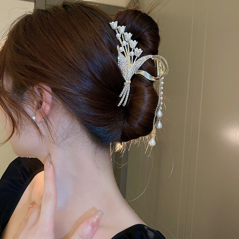 Diamond-encrusted Pearl Wheat-spike Lily-of-the-valley Tassel Hair Clip - | Jewelry Fitness Skincare