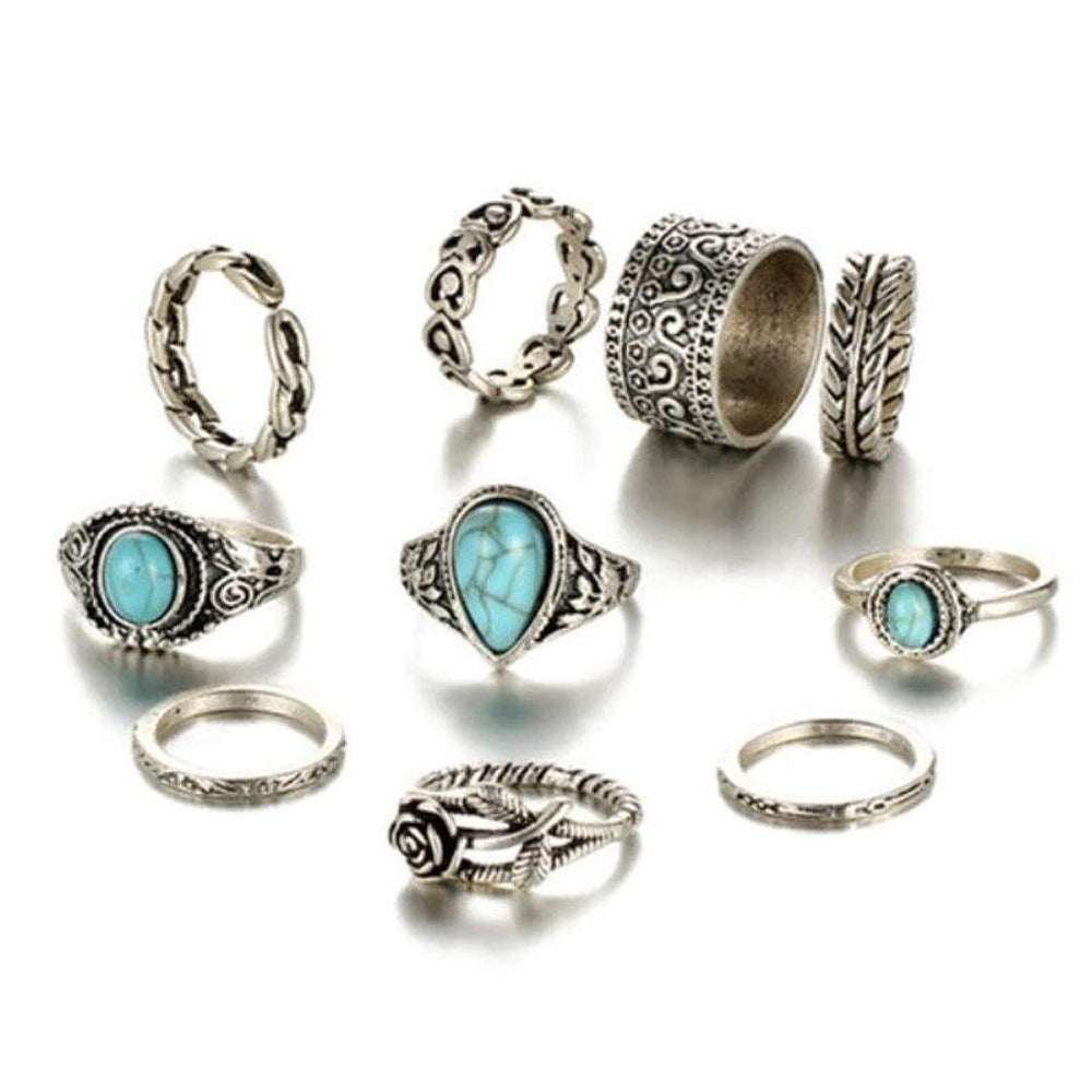 Turquoise 10 Piece Set Joint Combination Ring - | Jewelry Fitness Skincare